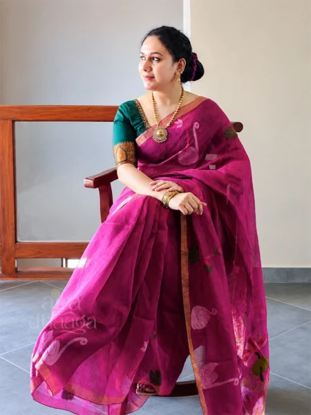 Pure Handloom Tissue Silk Linen Saree in Jewel Plum