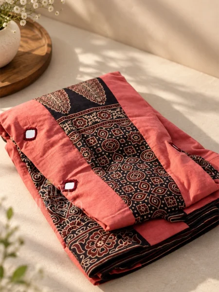 Handcrafted Pure Cotton Flared Skirt with Mirror Work in Coral Pink & Noir