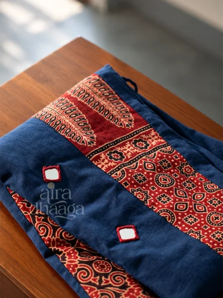 Handcrafted Pure Cotton Flared Skirt with Mirror Work in Indigo & Madder Red