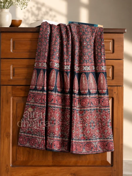 Handcrafted Pure Silk Mashru Flared Skirt in Ajrakh Maroon & Noir