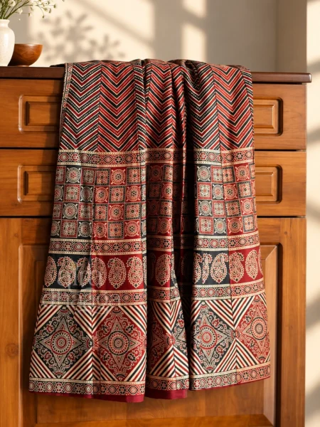 Handcrafted Pure Silk Mashru Dual-Tone Flared Skirt in Ajrakh Maroon & Noir
