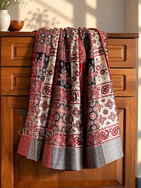 Handcrafted Pure Silk Mashru Multi-Panel Flared Skirt in Ivory, Madder Red & Noir