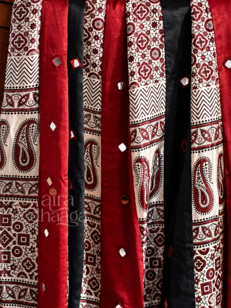 Handcrafted Pure Silk Mashru Paneled Flared Skirt with Mirror Work in Crimson, Noir & Ivory