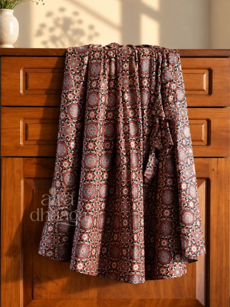 Handcrafted Pure Silk Mashru Flared Skirt with Ajrakh Mandala Print in Maroon & Noir