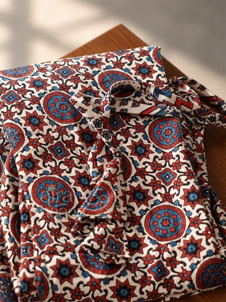 Handcrafted Pure Silk Mashru Flared Skirt with Ajrakh Mandala Print in Ivory & Maroon