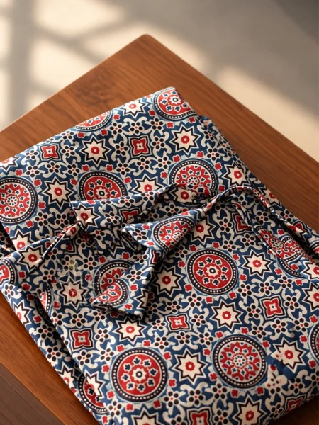 Handcrafted Pure Silk Mashru Flared Skirt with Ajrakh Mandala Print in Royal Blue & White
