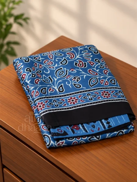 Hand-Block Printed Pure Modal Silk Ajrakh Saree in Indigo Blue