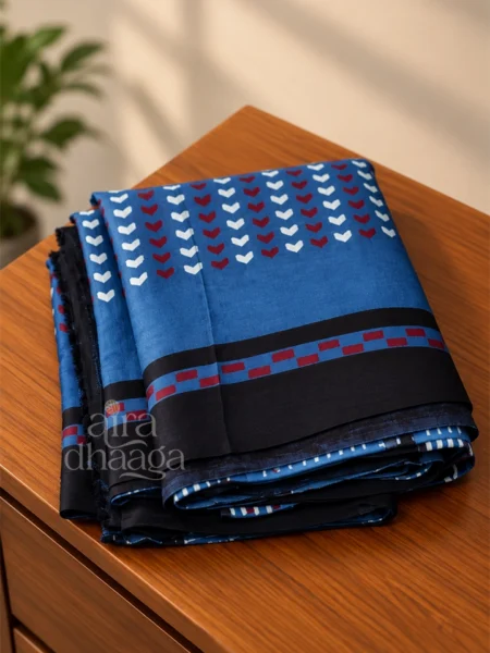 Hand-Block Printed Pure Modal Silk Ajrakh Saree in Geometric Blue