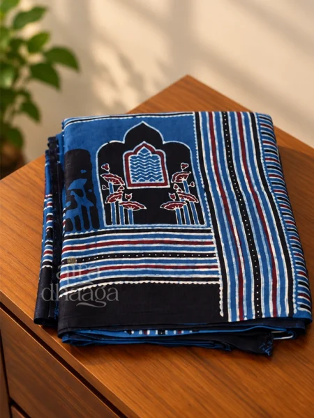Hand-Block Printed Pure Modal Silk Ajrakh Saree with Jharokha Motifs in Blue