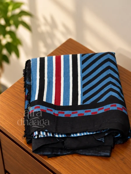 Hand-Block Printed Pure Modal Silk Ajrakh Saree in Chevron Blue