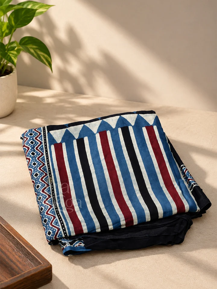 Hand-Block Printed Pure Modal Silk Ajrakh Saree with Striped Borders in Blue