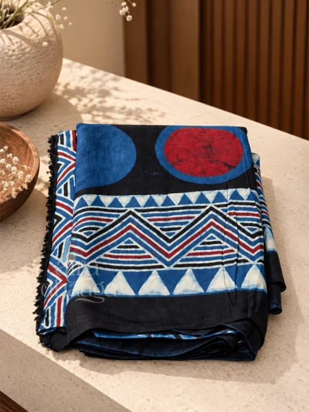 Hand-Block Printed Pure Modal Silk Ajrakh Saree with Bold Circular Motifs in Blue & Noir