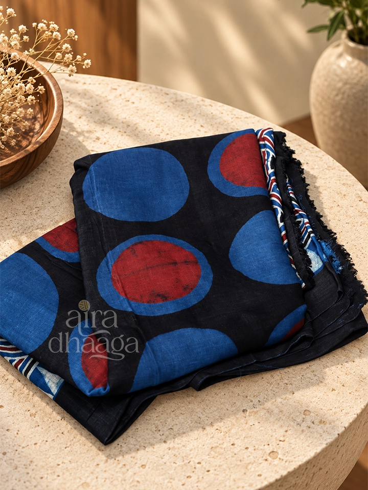 Hand-Block Printed Pure Modal Silk Ajrakh Saree with Bold Circular Motifs in Blue & Noir - view 2