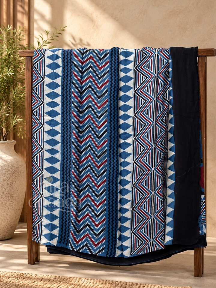 Hand-Block Printed Pure Modal Silk Ajrakh Saree with Bold Circular Motifs in Blue & Noir - view 3