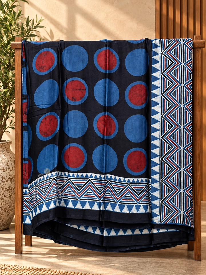 Hand-Block Printed Pure Modal Silk Ajrakh Saree with Bold Circular Motifs in Blue & Noir - view 4