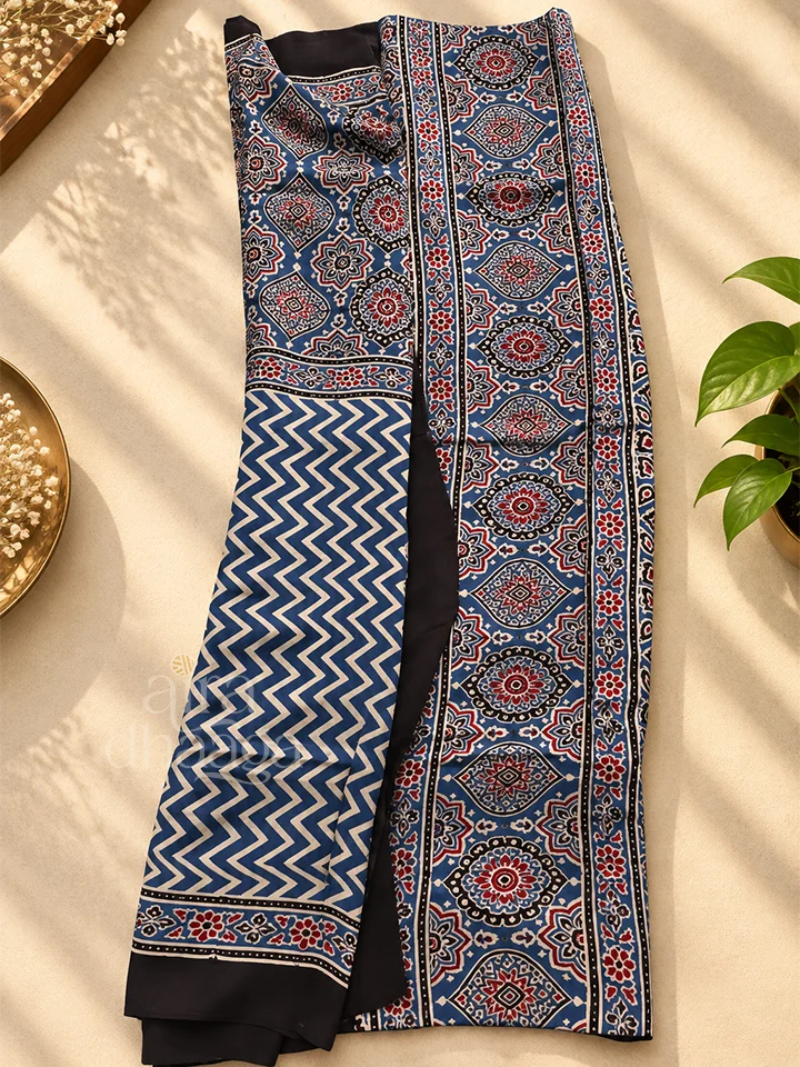 Hand-Block Printed Pure Modal Silk Ajrakh Saree with Mandala & Chevron Motifs in Blue