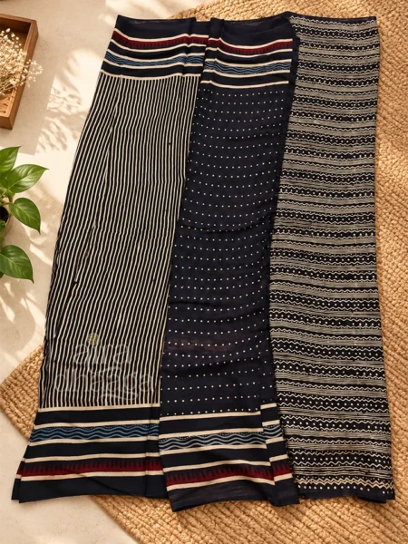 Hand-Block Printed Pure Modal Silk Ajrakh Saree with Pinstripes & Polka Motifs in Midnight Black