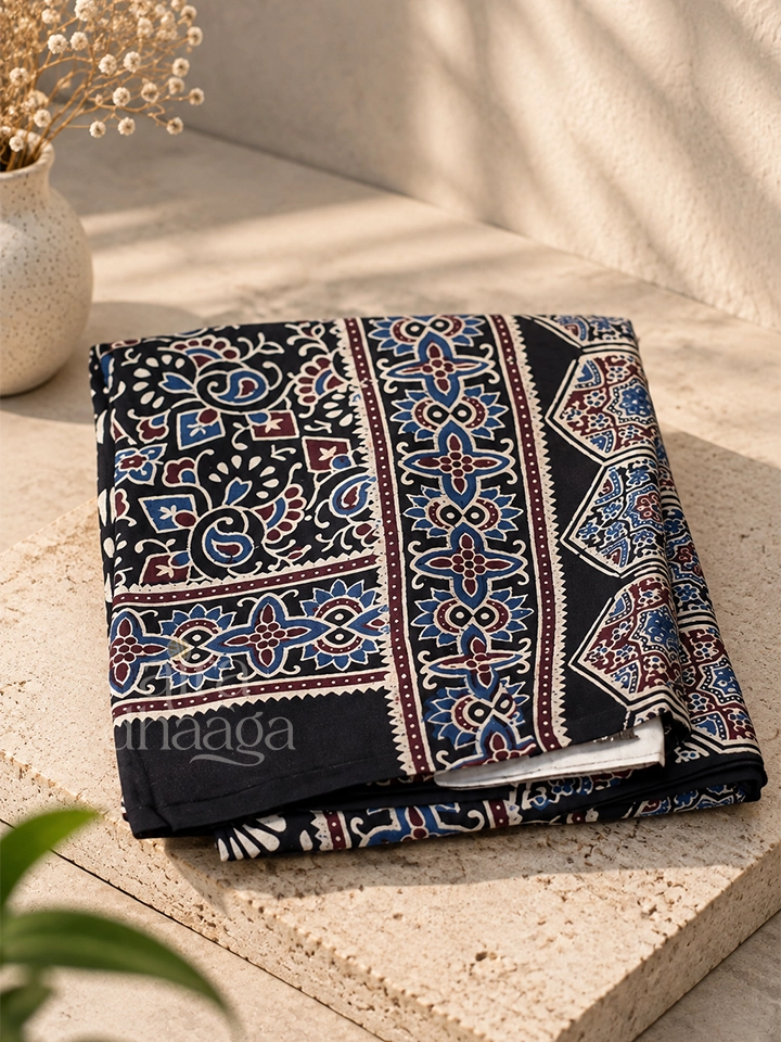 Hand-Block Printed Pure Modal Silk Ajrakh Saree with Sunburst & Hexagonal Motifs in Midnight Black