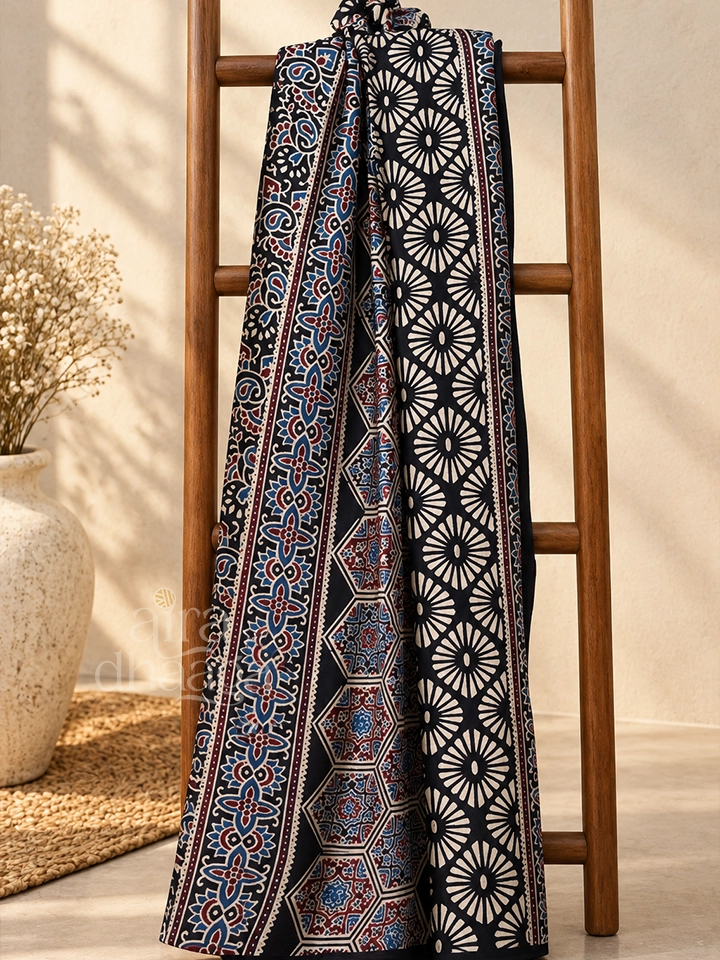 Hand-Block Printed Pure Modal Silk Ajrakh Saree with Sunburst & Hexagonal Motifs in Midnight Black - view 2