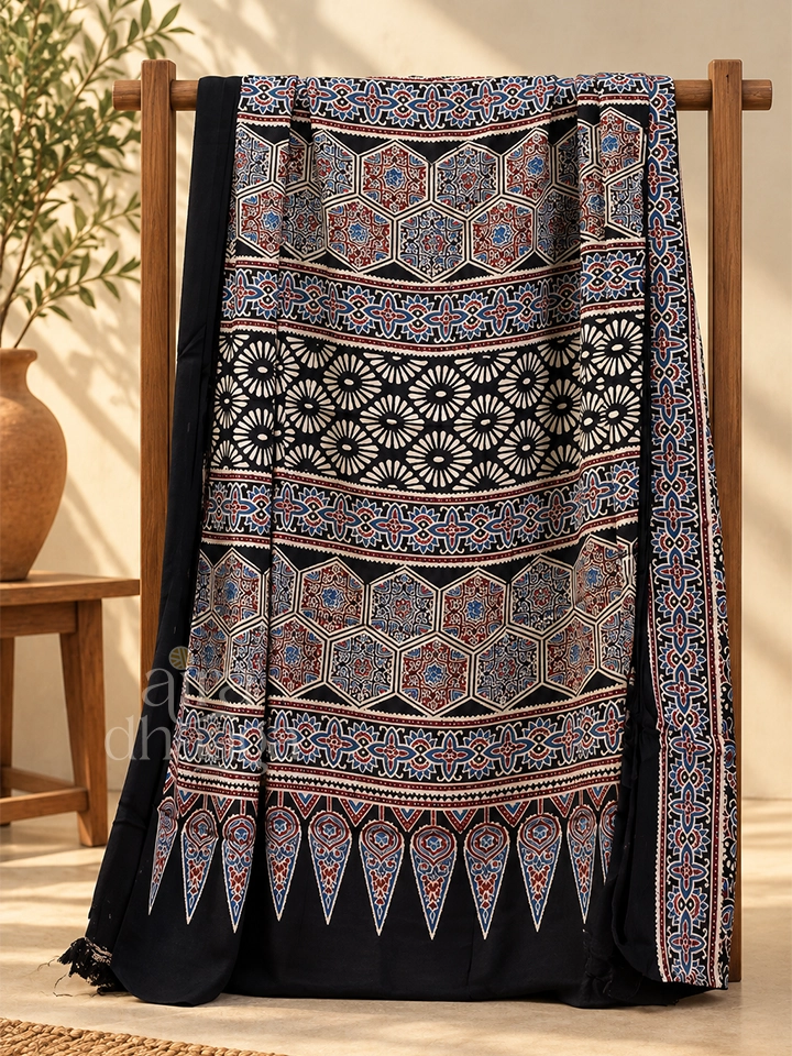 Hand-Block Printed Pure Modal Silk Ajrakh Saree with Sunburst & Hexagonal Motifs in Midnight Black - view 3