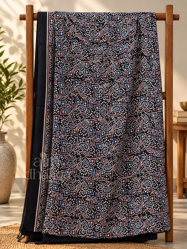 Hand-Block Printed Pure Modal Silk Ajrakh Saree with Sunburst & Hexagonal Motifs in Midnight Black - view 4