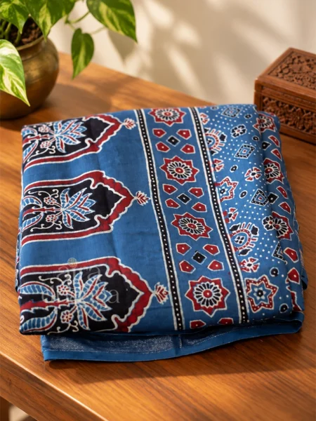 Handcrafted Indigo Blue Chanderi Silk Ajrakh Saree with Jharokha Pallu