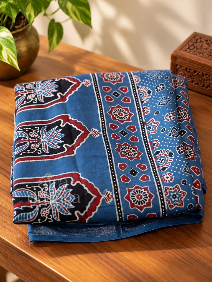 Handcrafted Indigo Blue Chanderi Silk Ajrakh Saree with Jharokha Pallu