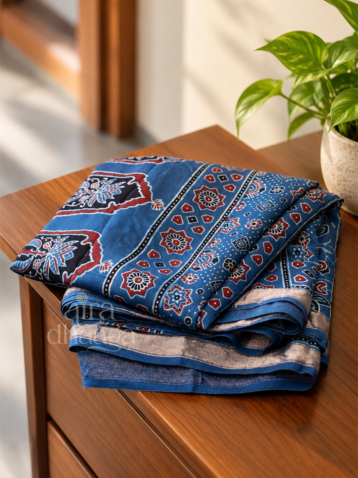 Handcrafted Indigo Blue Chanderi Silk Ajrakh Saree with Jharokha Pallu - view 2