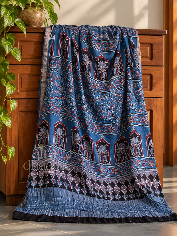 Handcrafted Indigo Blue Chanderi Silk Ajrakh Saree with Jharokha Pallu - view 3