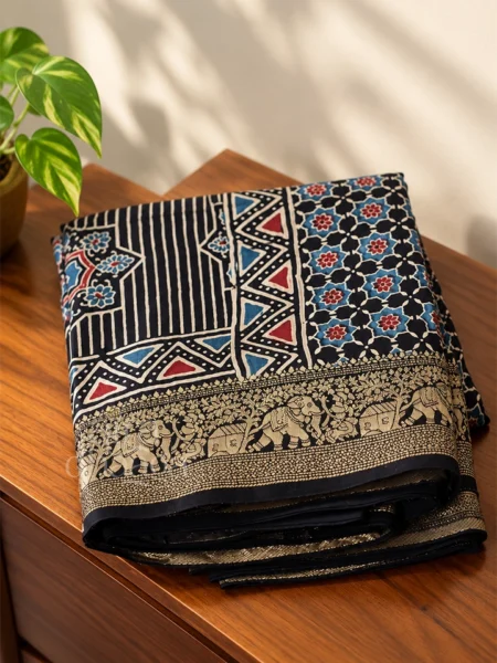 Handcrafted Noir Black Dola Silk Ajrakh Saree with Woven Elephant Zari Pallu