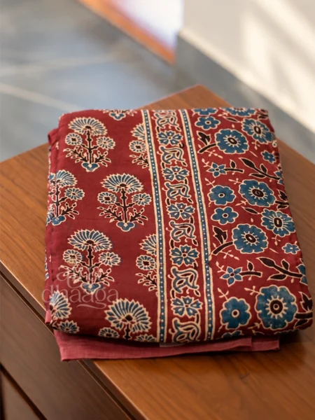 Handcrafted Brick Red Modal Silk Ajrakh Saree with Floral Jaal & Heritage Medallion Pallu