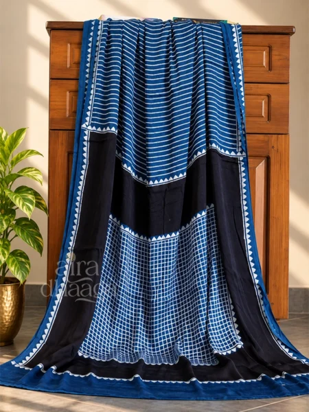 Handcrafted Indigo & Noir Modal Silk Ajrakh Saree with Geometric Grid & Sawtooth Borders