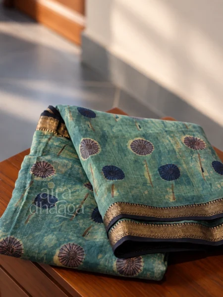 Handcrafted Teal Green Maheshwari Silk Bagru Saree with Botanical Floret Bootis & Zari Pallu