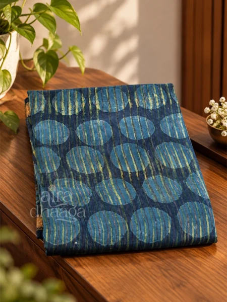 Handcrafted Indigo Blue Maheshwari Silk Bagru Saree with Lunar Disc Resist Motifs & Woven Zari Border